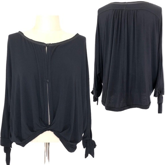 Free People Blouse Womens XS Black Keepin On Twist Front Tie Sleeves Keyhole - Picture 1 of 15